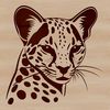 A wild ocelot's head, depicted in detailed vector illustration suitable for various design applications.