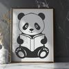 Panda in the Forest Reading a Book A cute Asian giant panda sitting on the forest floor with a book in its paws, surrounded by bamboo.