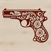 A detailed digital illustration of a handgun in various views.