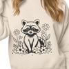 Whimsical Raccoon in Floral Attire A cartoon raccoon illustration in floral patterned clothing surrounded by foliage.
