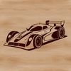 A sleek, high-performance racing vehicle speeding on a curved track.