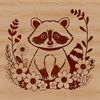 A digital illustration of a raccoon surrounded by floral elements.