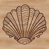 A stylized illustration of a seashell with smooth, curved lines and intricate details.