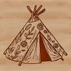 A simple, line-drawn design of a traditional style tent for outdoor camping.