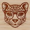 Wild Ocelot Portrait with Reading Goggles A close-up illustration of a wild ocelot's head with glasses perched on its nose.