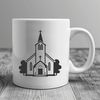 Stylized Religious Building SVG Design A stylized illustration of a traditional Baptist church building with distinctive architectural features.