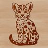 A wild big cat, the Ocelot, is depicted in a sitting position.