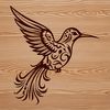 An ornate illustration of a hummingbird in mid-air, showcasing its distinctive flight pattern.