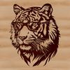 Close-up illustration of a tiger's head with glasses on, depicted in a bold vector style.