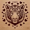 Tiger Head with Love Hearts Illustration A stylized illustration of a tiger's head, featuring love hearts surrounding its face.