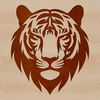 A detailed illustration of a tiger's head, featuring sharp facial features and vibrant stripes.