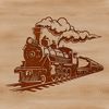 A stylized illustration of a classic train with detailed design features.