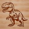 A prehistoric dinosaur illustration featuring a large T Rex with sharp teeth and powerful legs.