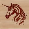 A colorful illustration of a unicorn's head with a long neck and horn.