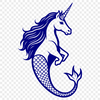 A mythical aquatic creature with the upper body of a woman and lower body of a fish, inspired by mermaid and unicorn designs.