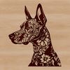 An illustration of a Doberman Pinscher's head with ornate features.