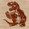 A prehistoric Tyrannosaurus Rex dinosaur sitting on the ground with an open book in front of it.