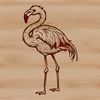A realistic illustration of a flamingo standing on one leg, its feathers depicted in bright pink plumage.