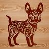 A stylized illustration of a standing Boston Terrier dog breed with an ornate design.