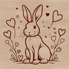 Illustration of a cartoon rabbit sitting in a floral setting with love hearts surrounding it.