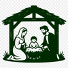 A traditional Nativity scene illustration with Mary, Joseph, and the Baby Jesus in a rustic setting.