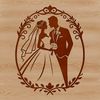 Floral Wedding Design Vector Graphics Illustrated vector design of a wedding scene with bride and groom surrounded by floral patterns.