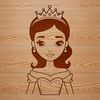 A young female princess with a kind smile stands in the center of this digital illustration.