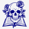 Gothic Skull Silhouette with Rose and Book A black Gothic-style skull surrounded by a decorative book with a red rose.
