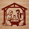 A traditional Christmas scene featuring the Holy Family in a decorative setting.