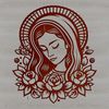 Stylized Virgin Mary Portrait with Floral Wreath A stylized illustration of the Virgin Mary with ornate floral patterns surrounding her head.