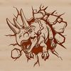 A prehistoric dino bursting through a wall in a dynamic pose.