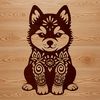 A stylized illustration of a sitting Shiba Inu dog with an ornate design.