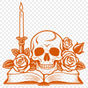 Gothic Skull Wreath Clip Art A traditional Gothic-style skull surrounded by a wreath of roses, set against a dark background.