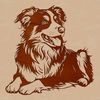 A detailed illustration of a laid-back Australian Shepherd dog sitting on the ground.