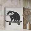 A simple illustration of a badger standing on its hind legs with an added skateboard element.