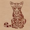 A close-up illustration of an ocelot sitting on its haunches, showcasing the animal's distinctive markings and fur pattern.