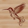 A colorful, ornate illustration of a hummingbird in mid-flight.