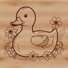 A digital illustration of a white duck sitting on a patch of colorful flowers.