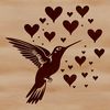 A colorful hummingbird in mid-flight, surrounded by heart shapes.
