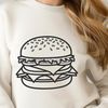 Free Graphic Hamburger Illustration A graphic representation of a classic hamburger with bun, patty, lettuce, tomato, and cheese.