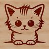 Whimsical Feline Face A cute cartoon cat's head is peeking out from behind a curtain, depicted in vector art style.