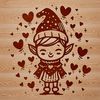 Festive Holiday Elf Figure A small Christmas elf figure standing with love hearts surrounding them in a festive setting.