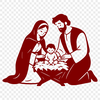 A traditional Nativity scene illustration featuring the Holy Family, including Mary, Joseph, and Jesus, in a classic style.