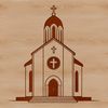 A simple illustration of a traditional Christian church with a steeply pitched roof and ornate details.