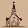 A stylized illustration of a traditional church building with multiple spires.