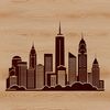 A stylized digital illustration of a city skyline at sunset with skyscrapers and buildings.