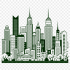 Detailed digital illustration of a city skyline at sunset.