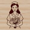 A female nurse character in floral-print scrubs, ideal for vector design projects.
