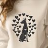 Great Dane Portrait with Heart Symbols Close-up illustration of a sitting Great Dane dog with heart symbols surrounding its face.