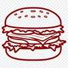 Delicious Food Icon A simple illustration of a classic cheeseburger featuring a beef patty, lettuce, tomato, and melted cheese on a toasted bun.